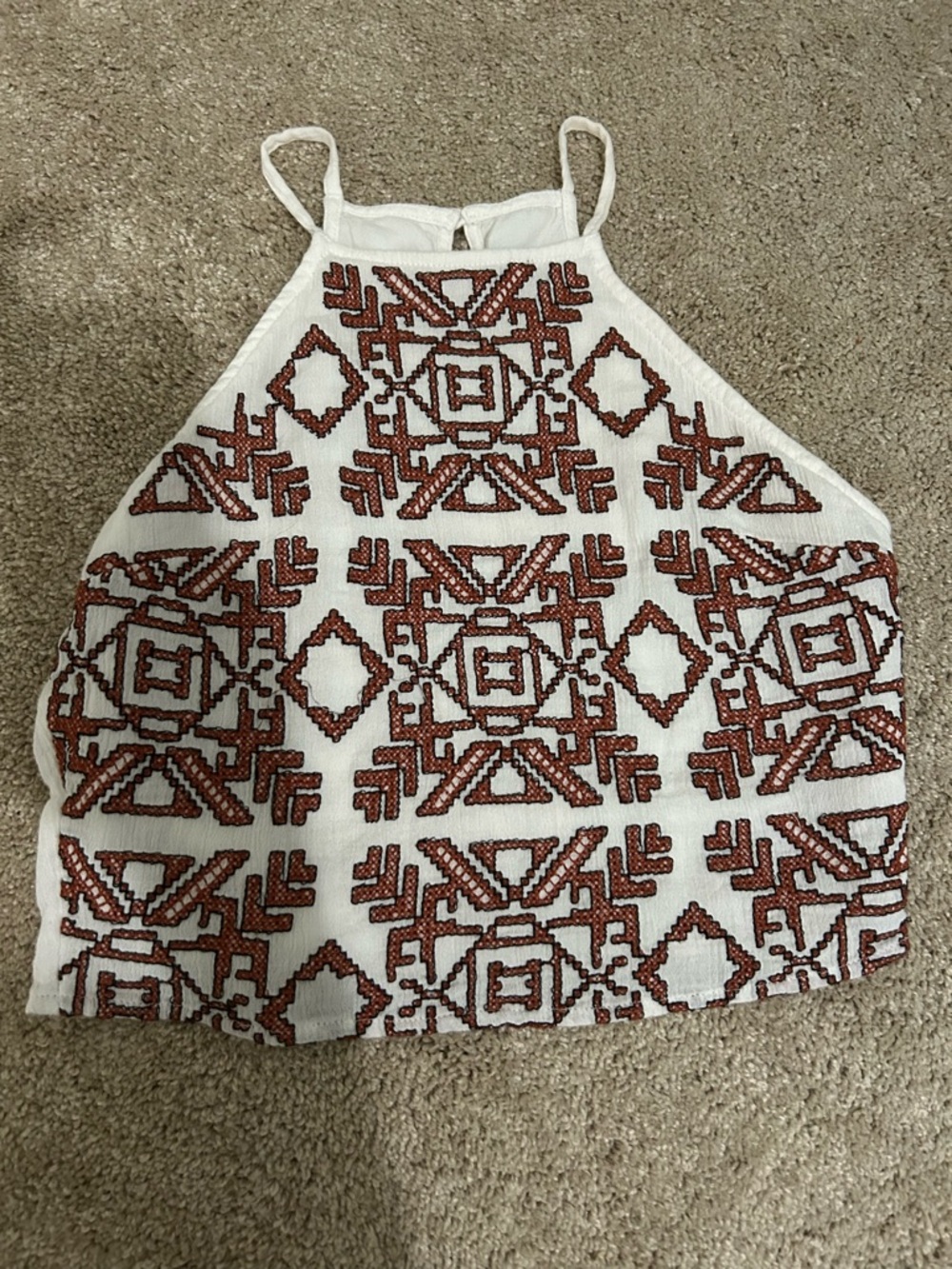 Abercrombie & Fitch White Crop Top with Rust Geometric Embroidery